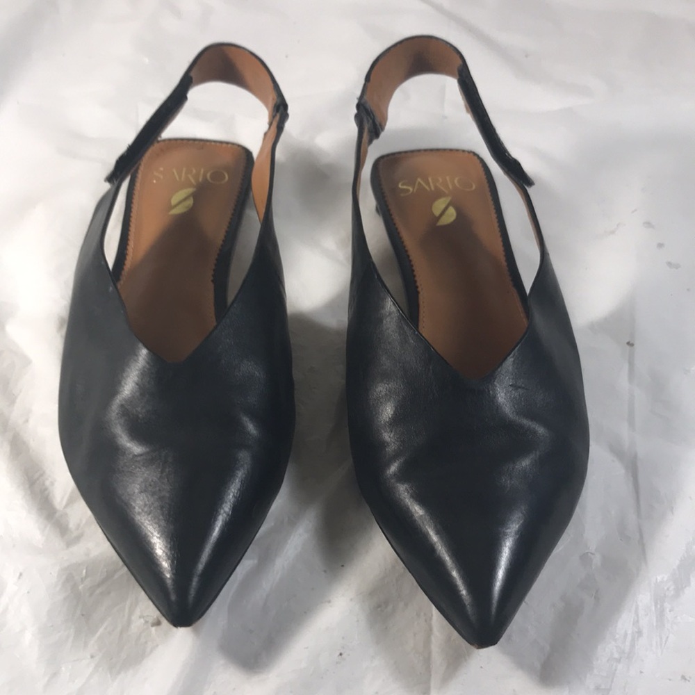 Sarto Women’s Elegant Black Leather Pointy Toe Triangular Heel Slingback Flats - Picture 2 of 8